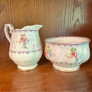 Royal Albert bone china cream and sugar. Petit point pattern, vintage.